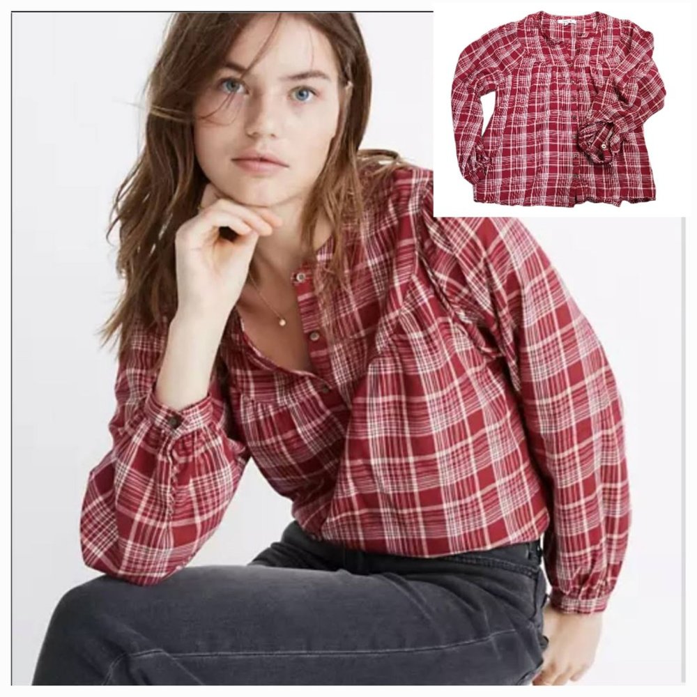 Madewell Women's Balloon Casual Long Sleeve Peasant Top Plaid Red Wine XS